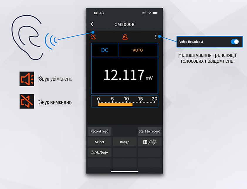 Cрумовимірювальні кліщі СМ2100B - голосові повідомлення